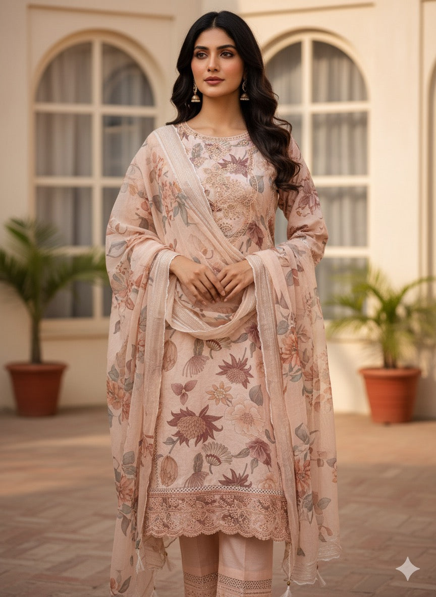 Blush Pink Floral Printed Cotton Kurta Set