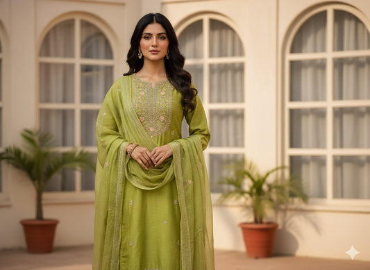 Lime Green Embroidered Cotton Kurta Set