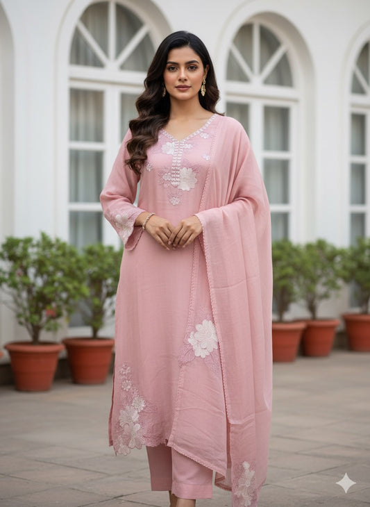 Blush Pink Embroidered Cotton Kurta Set