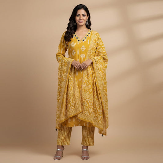 Mustard Yellow Printed Mirror-Work Kurta Set