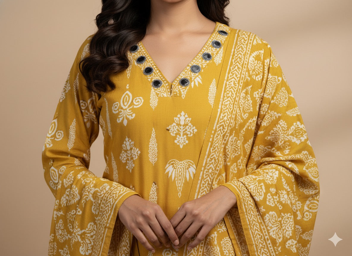 Mustard Yellow Printed Mirror-Work Kurta Set