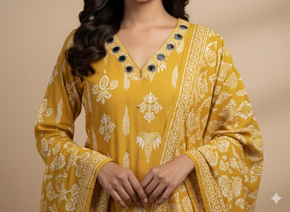 Mustard Yellow Printed Mirror-Work Kurta Set