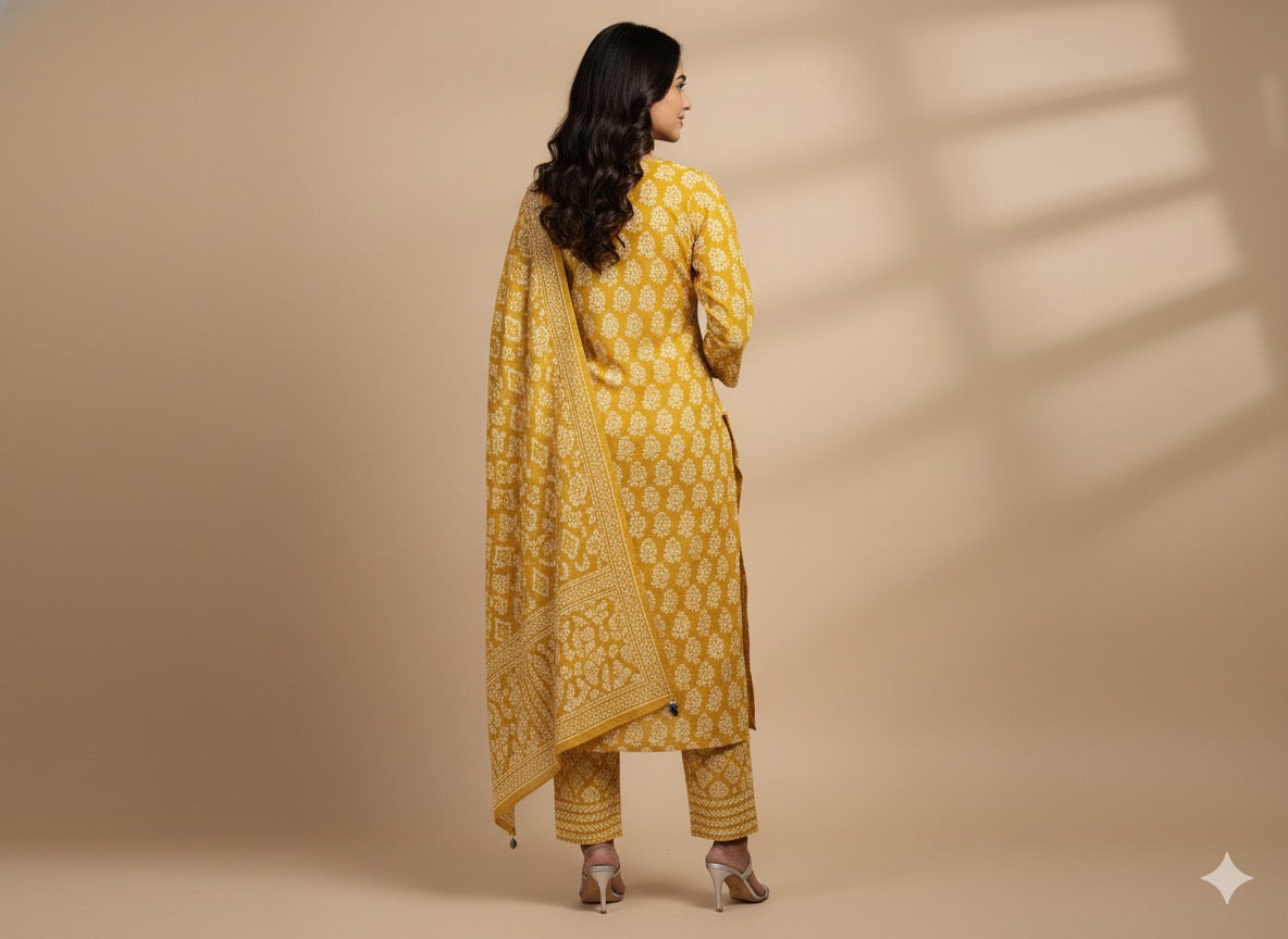 Mustard Yellow Printed Mirror-Work Kurta Set