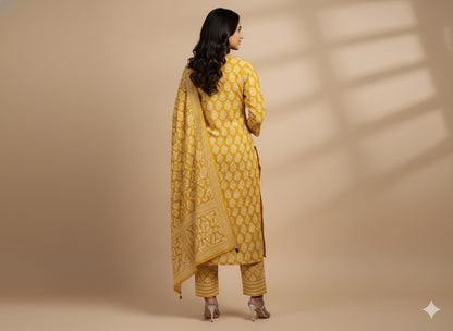 Mustard Yellow Printed Mirror-Work Kurta Set
