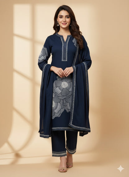 Navy Blue Floral Printed Kurta Set