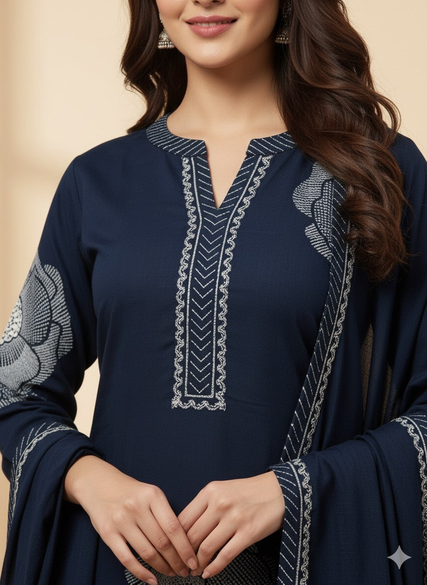 Navy Blue Floral Printed Kurta Set