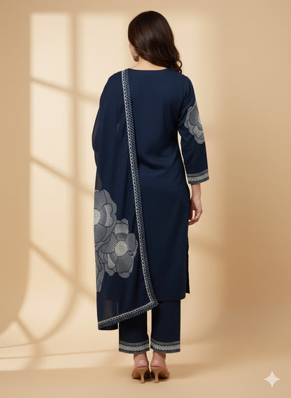 Navy Blue Floral Printed Kurta Set