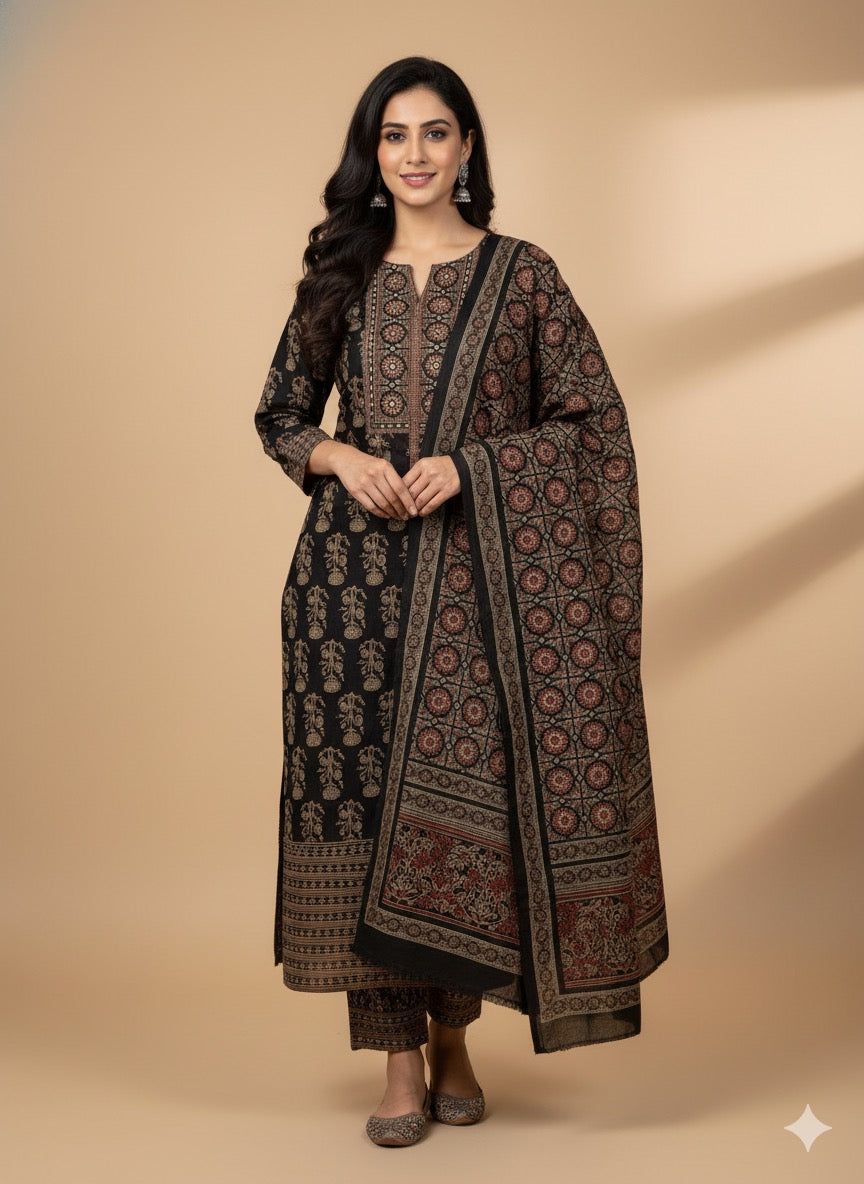 Black Ajrakh Printed Cotton Kurta Set