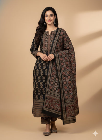 Black Ajrakh Printed Cotton Kurta Set