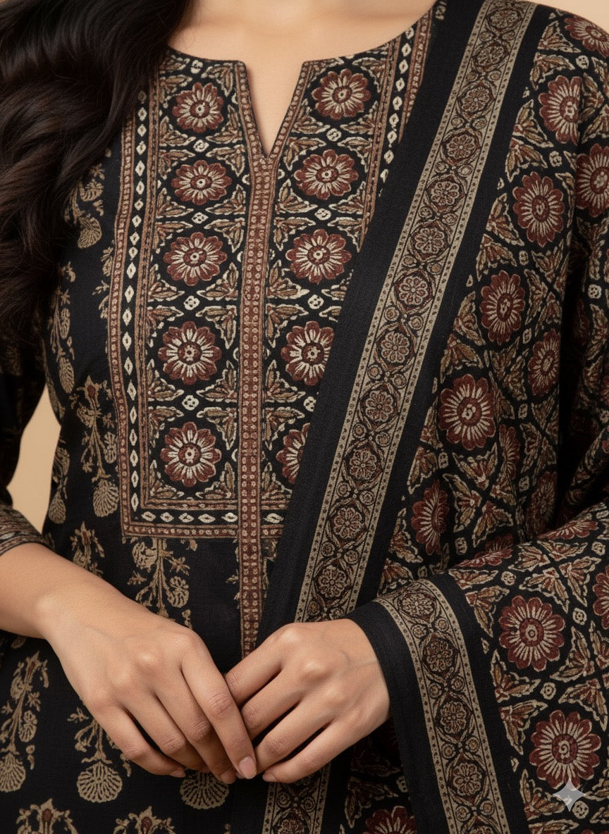 Black Ajrakh Printed Cotton Kurta Set
