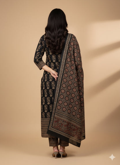 Black Ajrakh Printed Cotton Kurta Set