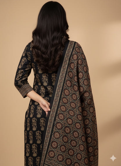 Black Ajrakh Printed Cotton Kurta Set