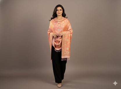 Peach Glow Zari-Weave Winter Shawl