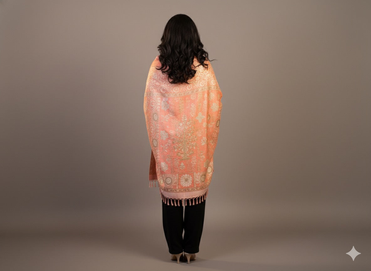 Peach Glow Zari-Weave Winter Shawl