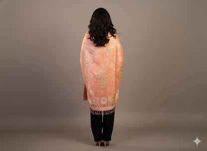 Peach Glow Zari-Weave Winter Shawl