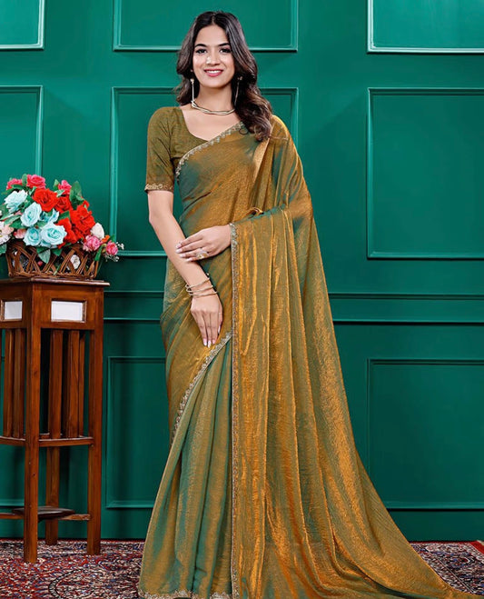 Gold Solid Silk Blend Saree with Unstitched Blouse