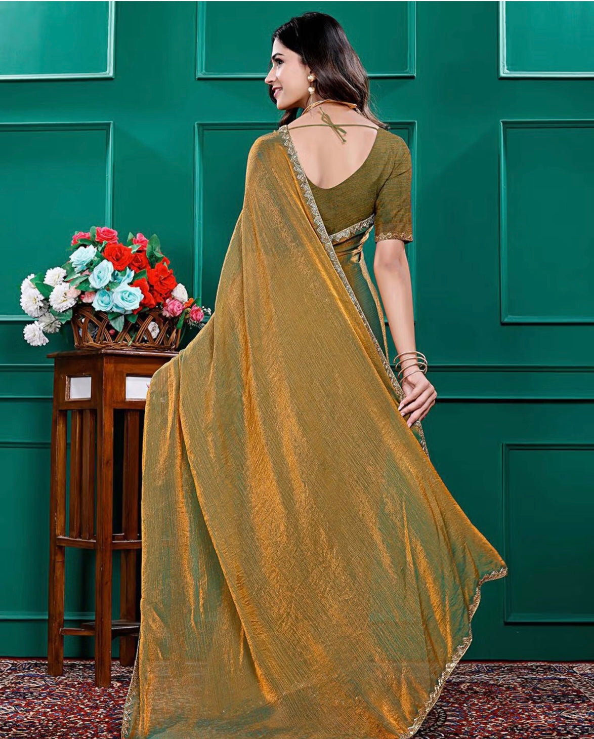 Gold Solid Silk Blend Saree with Unstitched Blouse