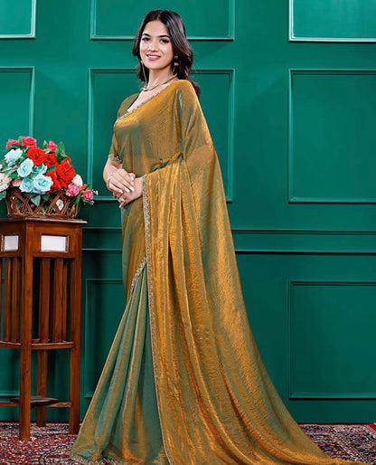 Gold Solid Silk Blend Saree with Unstitched Blouse
