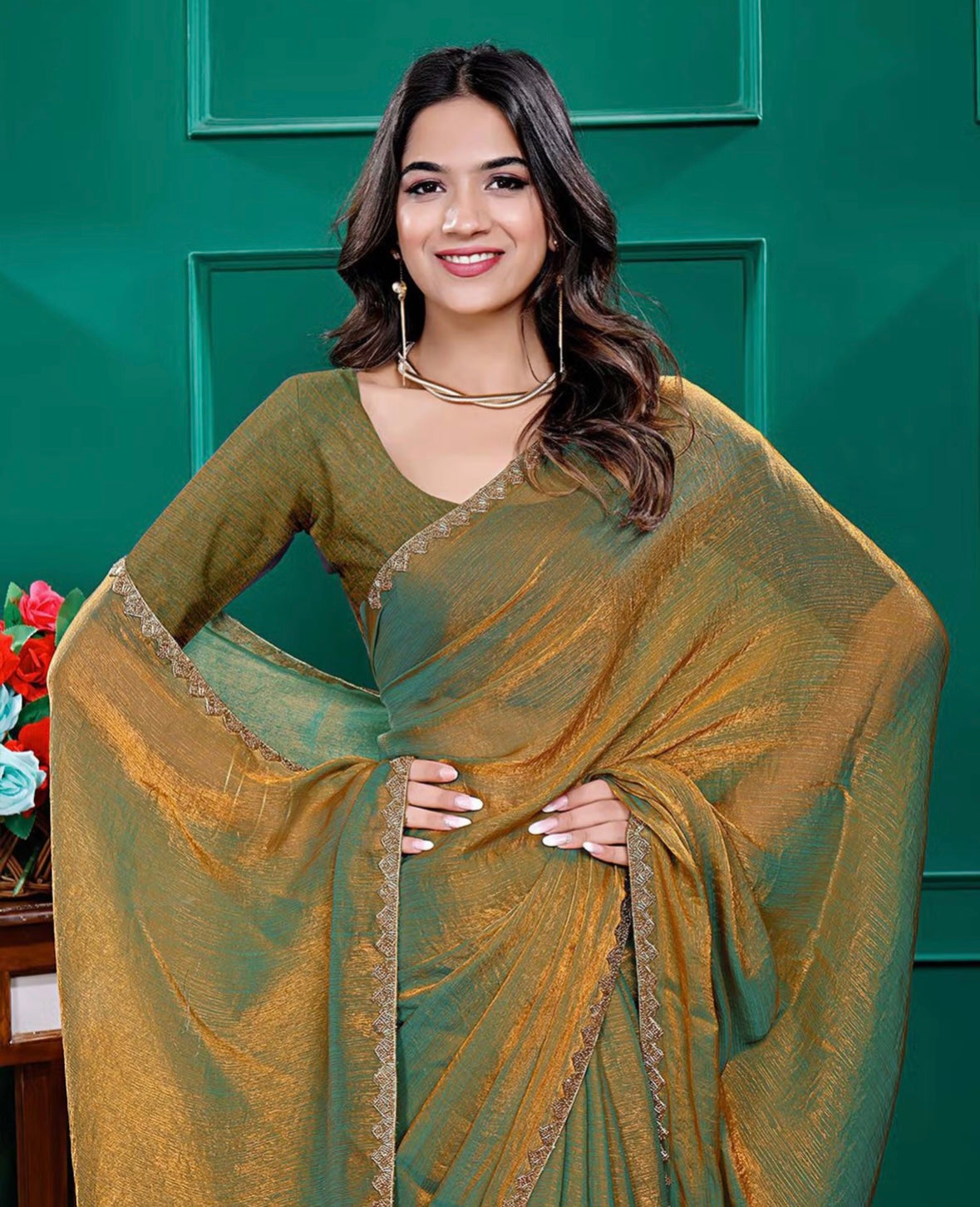 Gold Solid Silk Blend Saree with Unstitched Blouse