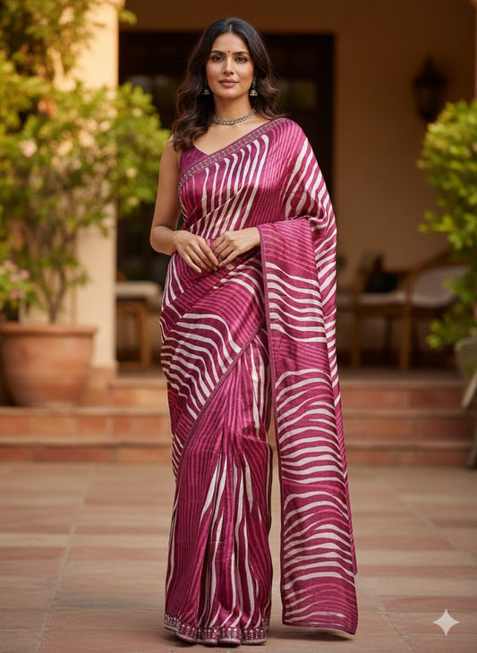 Maroon and White Striped Silk Saree
