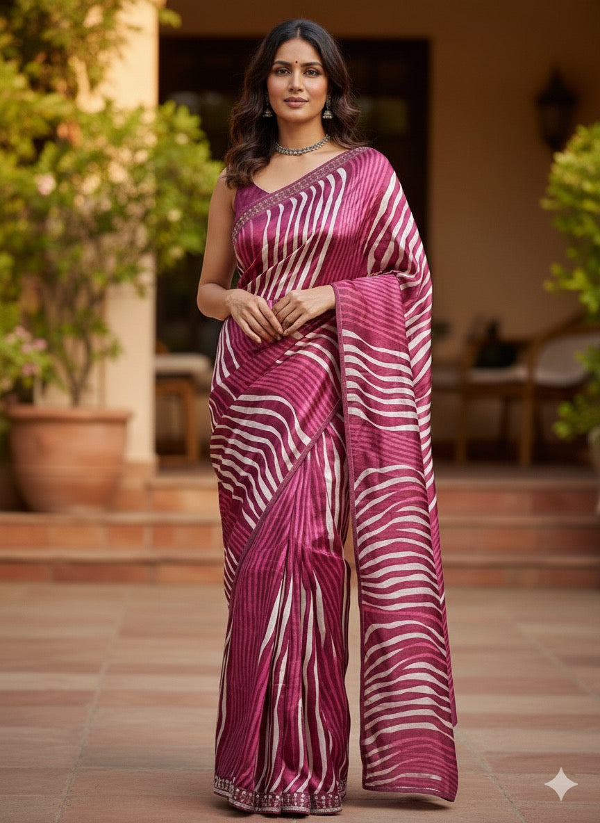 Maroon and White Striped Silk Saree