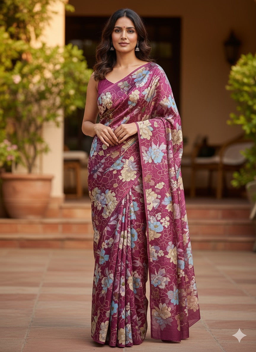 Raspberry Floral Silk Saree