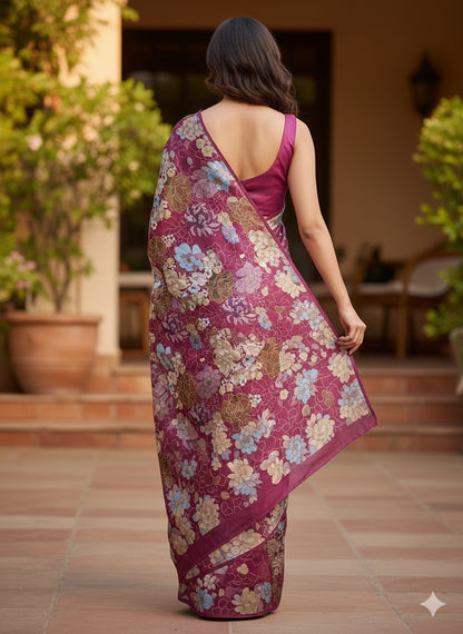 Raspberry Floral Silk Saree