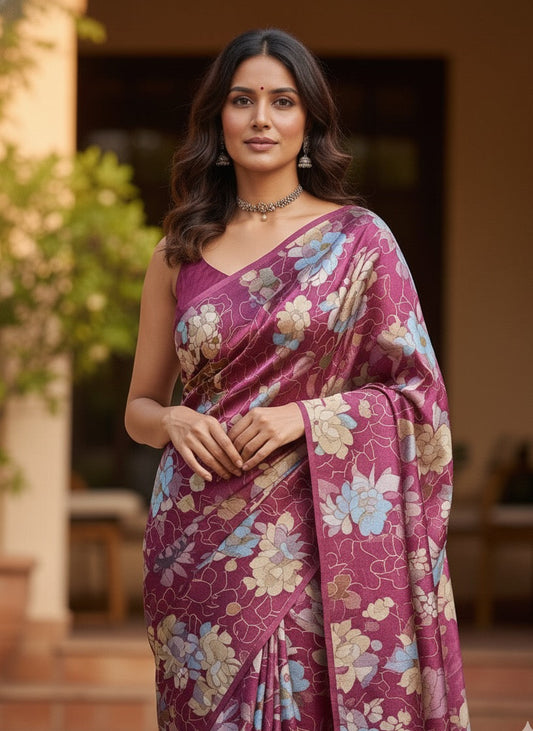 Raspberry Floral Silk Saree