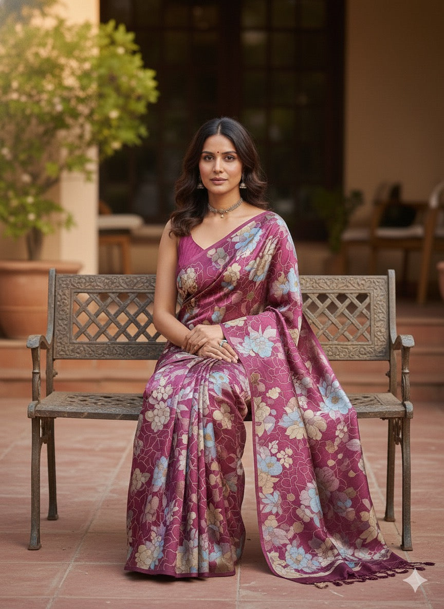 Raspberry Floral Silk Saree