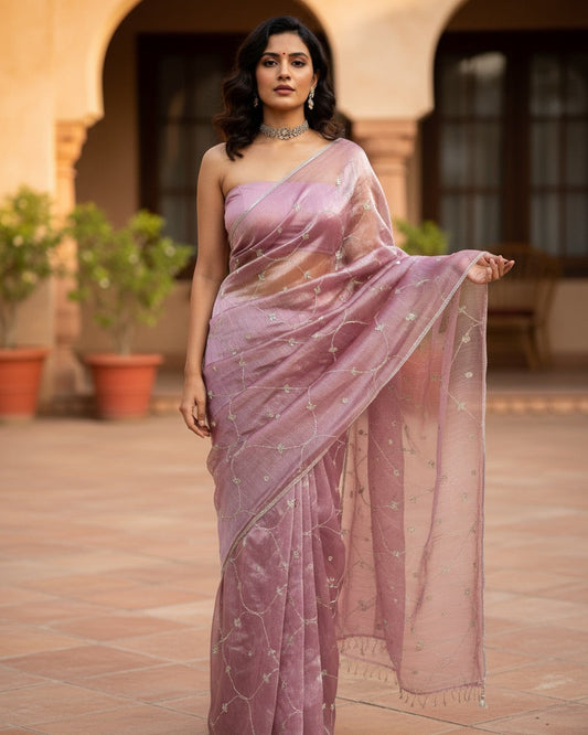 Mauve Bloom Embroidered Tissue Saree