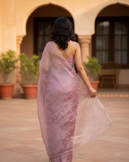 Mauve Bloom Embroidered Tissue Saree