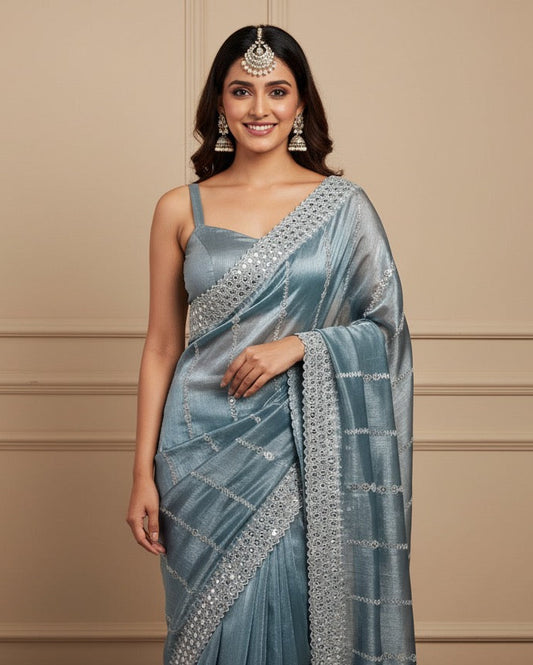 Serene Slate Blue Embellished Saree