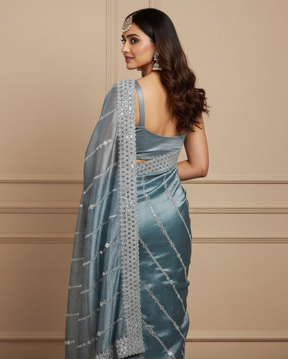 Serene Slate Blue Embellished Saree