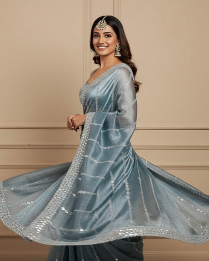 Serene Slate Blue Embellished Saree