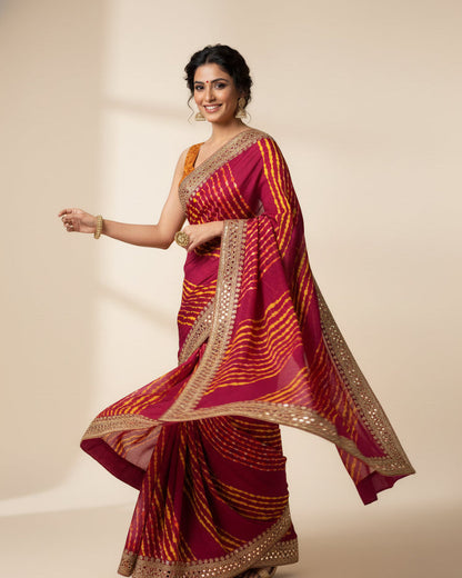 Regal Maroon & Yellow Leheriya Saree