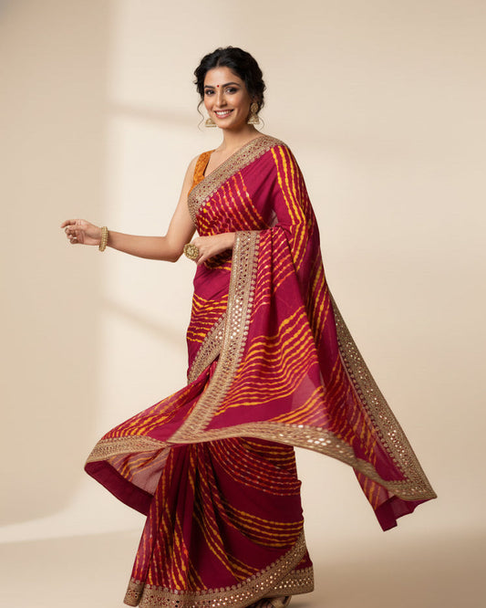 Regal Maroon & Yellow Leheriya Saree