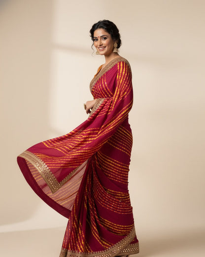 Regal Maroon & Yellow Leheriya Saree