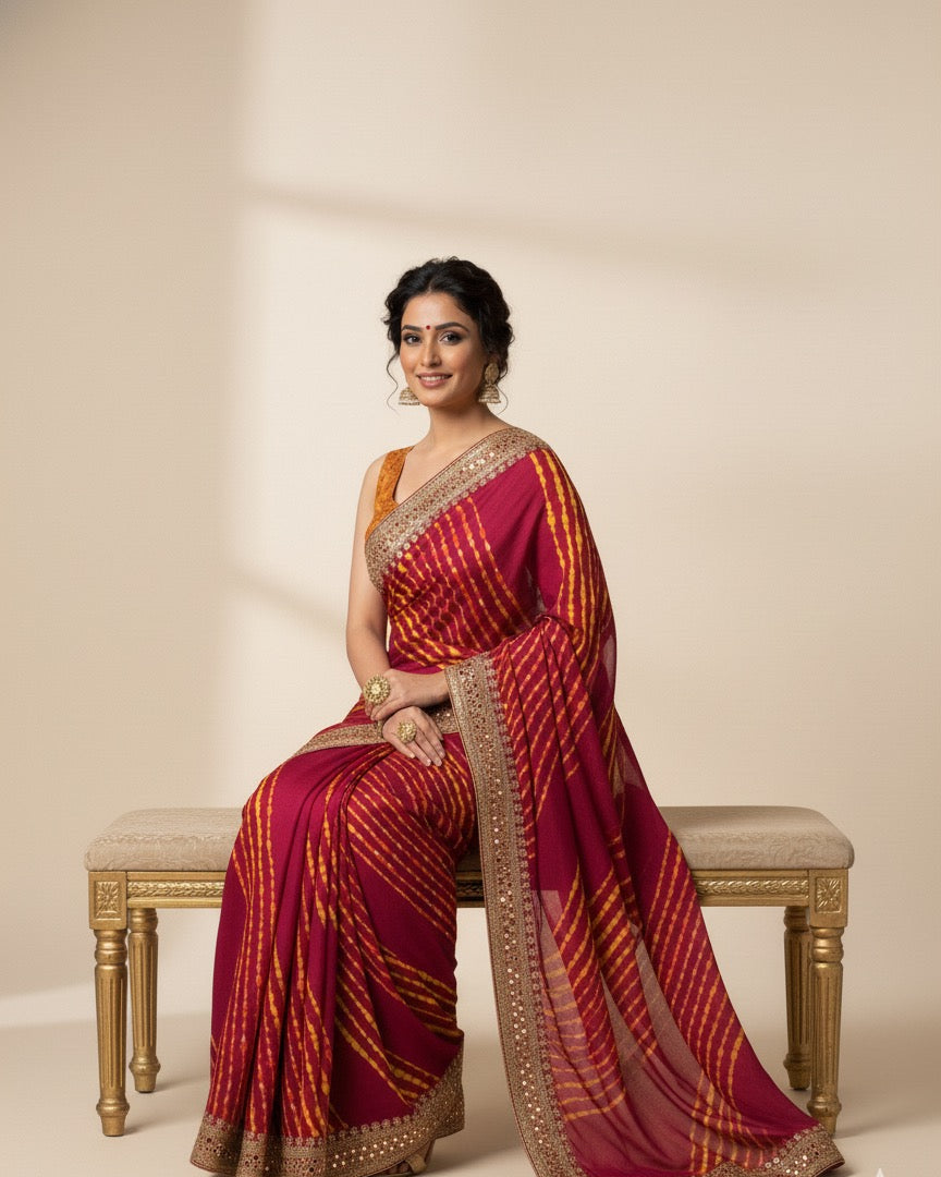 Regal Maroon & Yellow Leheriya Saree