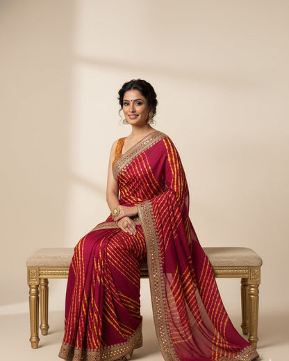 Regal Maroon & Yellow Leheriya Saree