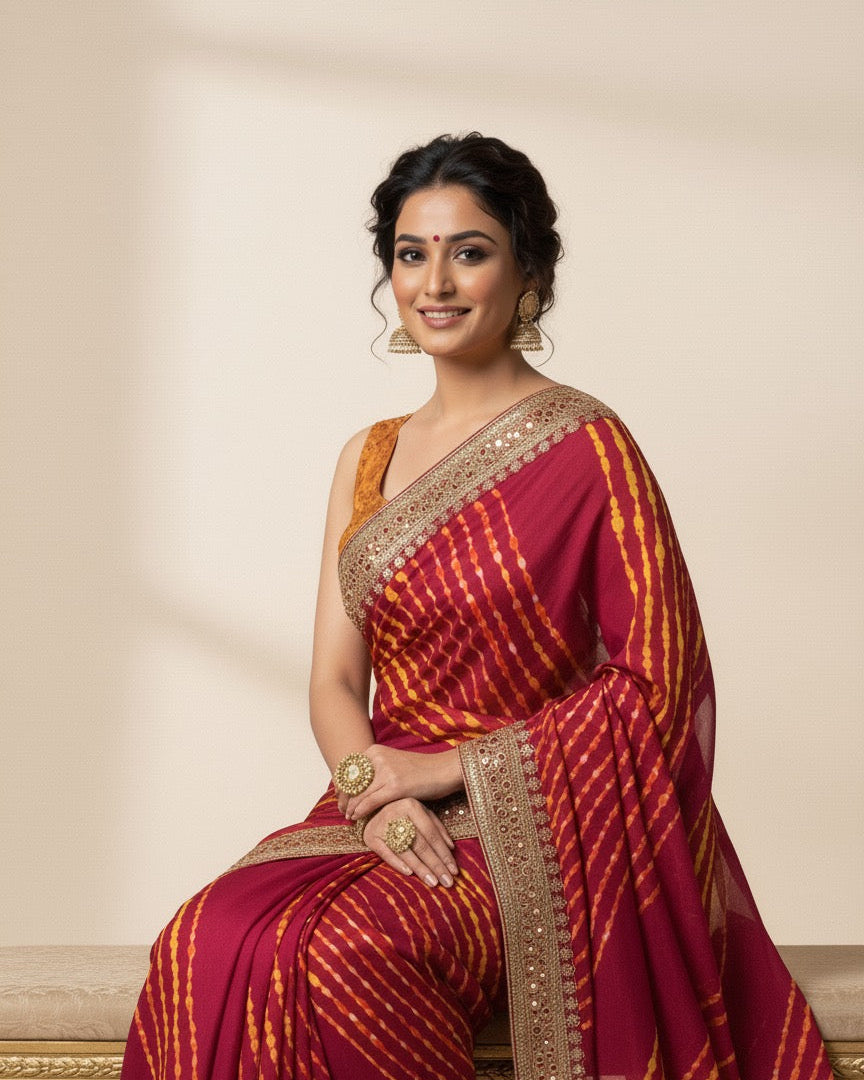 Regal Maroon & Yellow Leheriya Saree