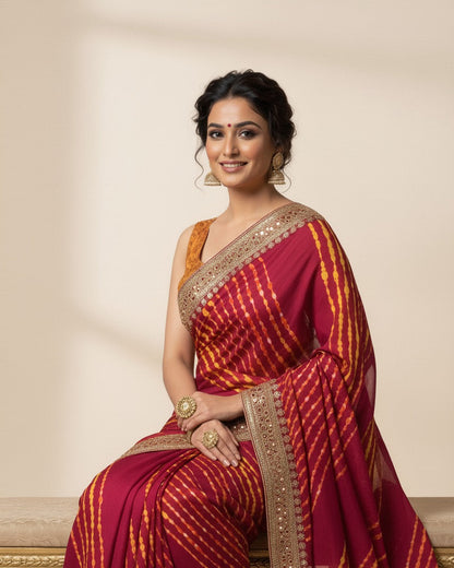 Regal Maroon & Yellow Leheriya Saree