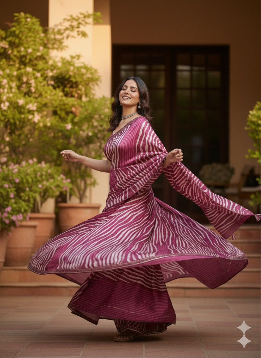 Maroon and White Striped Silk Saree