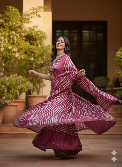 Maroon and White Striped Silk Saree