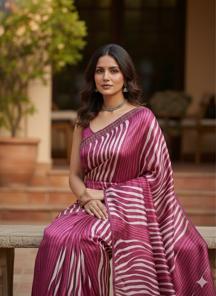 Maroon and White Striped Silk Saree