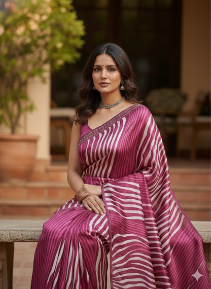Maroon and White Striped Silk Saree