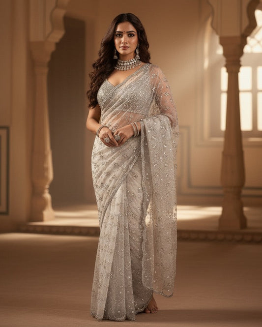 The Ethereal Silver Net Embellished Saree