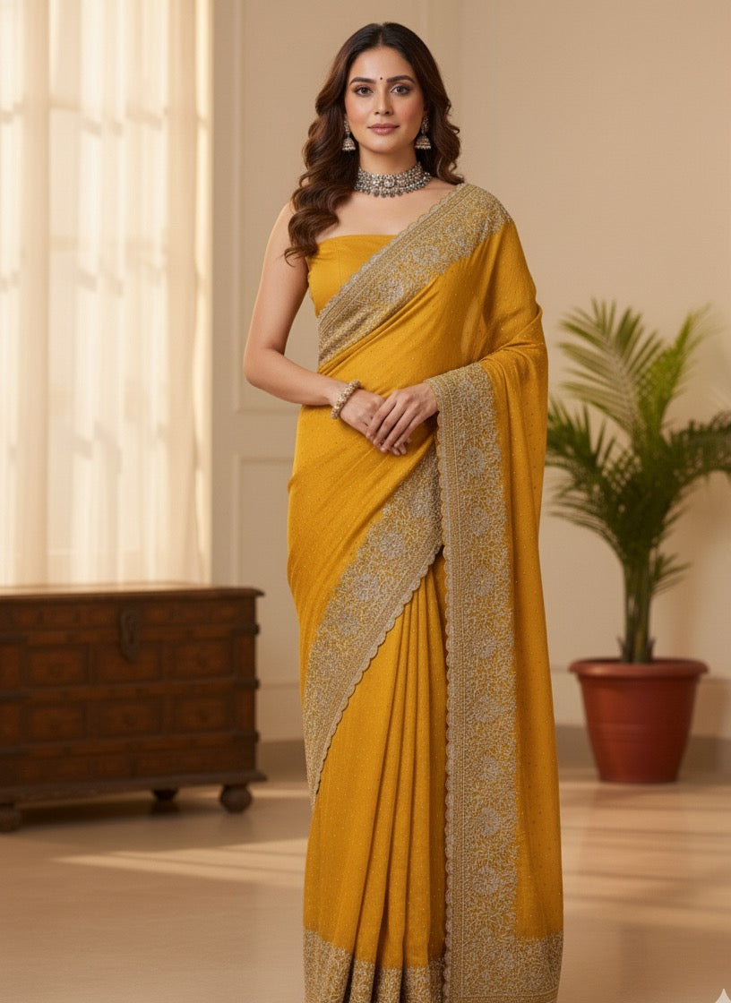 The Sunshine Saree - Mustard Yellow with Ornate Border
