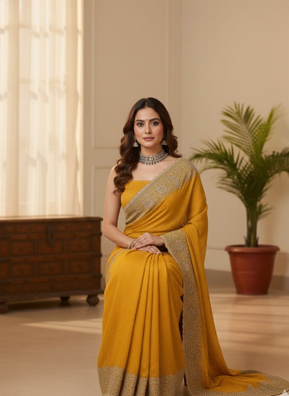 The Sunshine Saree - Mustard Yellow with Ornate Border