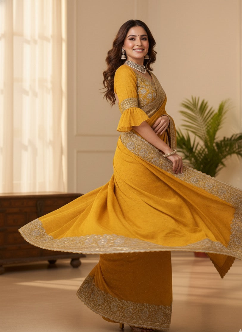The Sunshine Saree - Mustard Yellow with Ornate Border