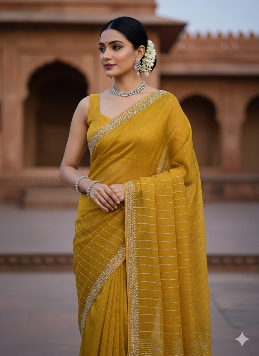 Radiant Marigold Georgette Saree with Allover Crystal Work